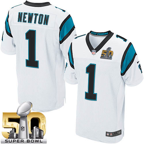 Men's Elite Cam Newton Super Bowl L Nike Jersey White Road - #1 NFL Carolina Panthers